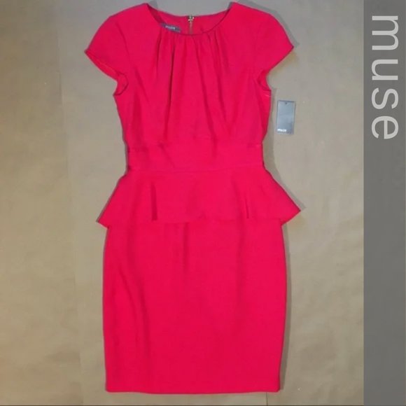 ✨NWT✨Classic Peplum Waist Red Dress w Pencil Skirt & Cap-Sleeves 🏷️by Muse - Picture 2 of 16